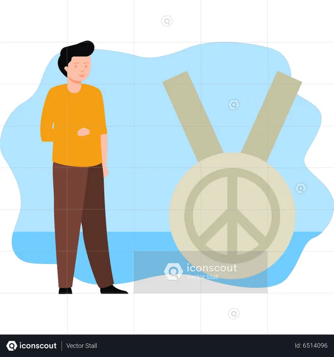 Boy looking at peace medal  Illustration