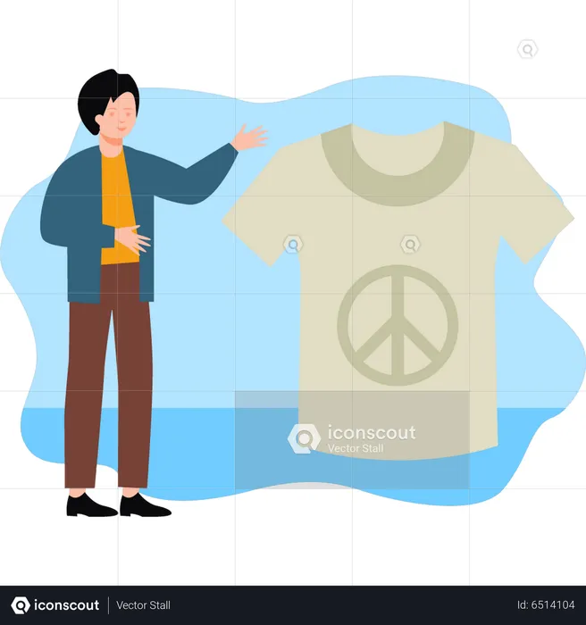 Boy looking at peace sign on t-shirt  Illustration