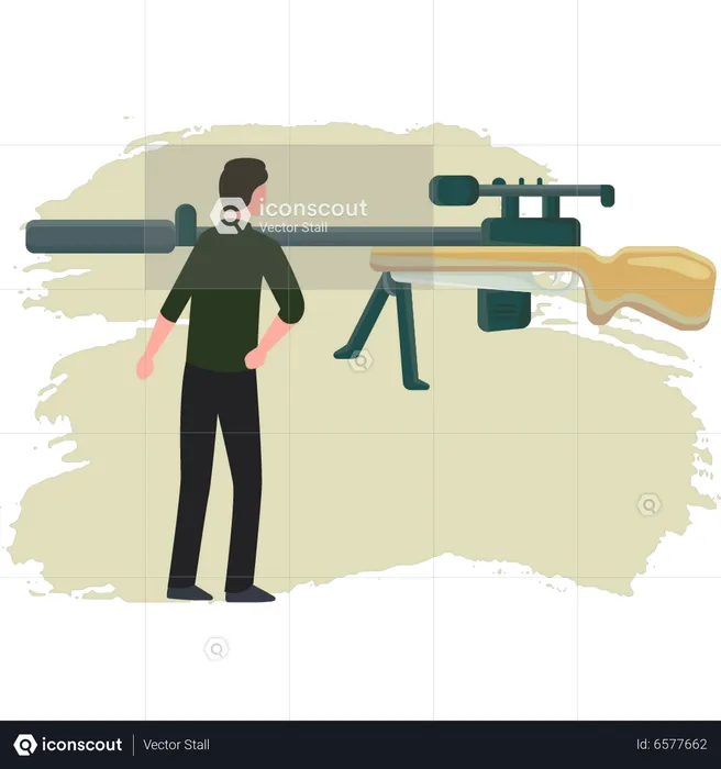 Boy Looking At Rifle Gun  Illustration