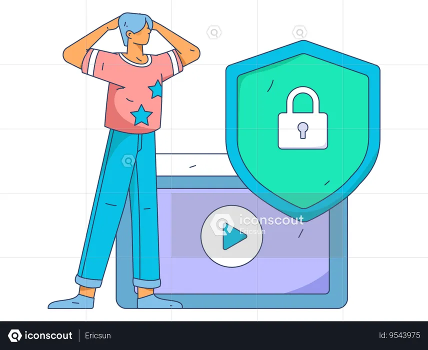 Boy looking at security shield  Illustration