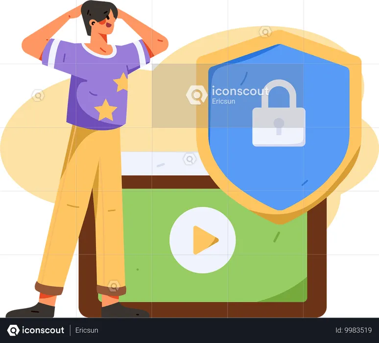 Boy looking at security shield  Illustration