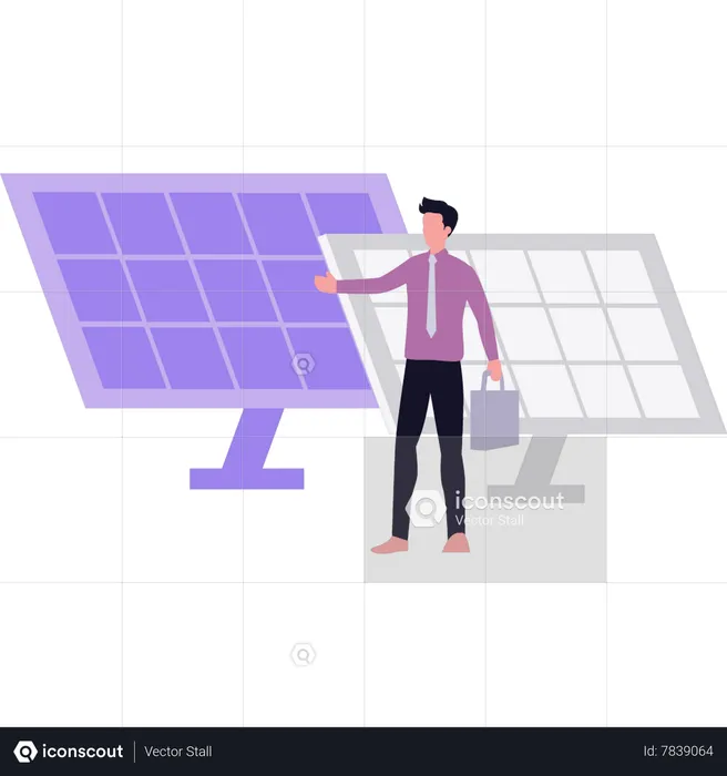 Boy looking at solar panel  Illustration