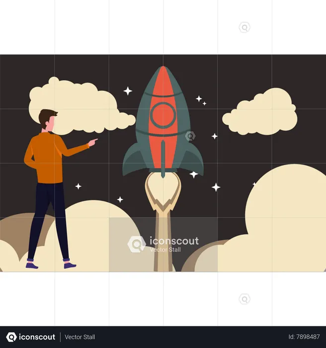 Boy looking at space rocket  Illustration