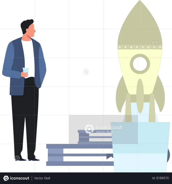 Boy Looking At Startup Rocket  Illustration