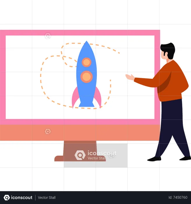 Boy looking at startup rocket  Illustration