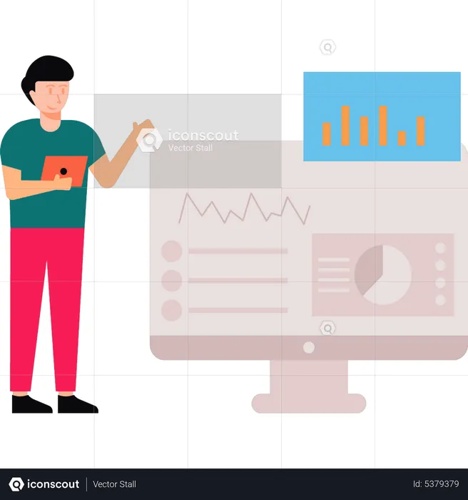 Boy looking at the bar graph on the screen  Illustration