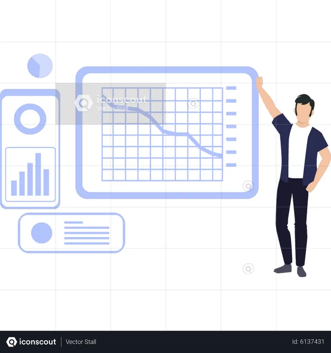 Boy looking at the progress of the graph  Illustration