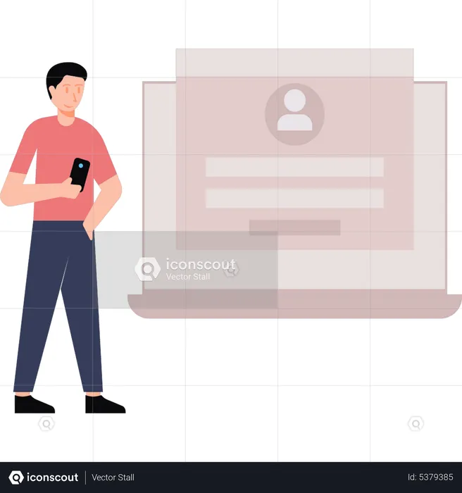 Boy looking at user profile on laptop  Illustration