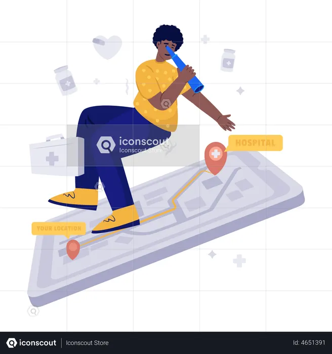 Boy Looking For Nearest Hospital Location App Illustration Free