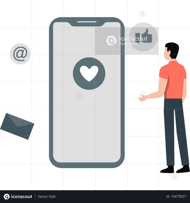 Boy looking love message on mobile screen  Illustration