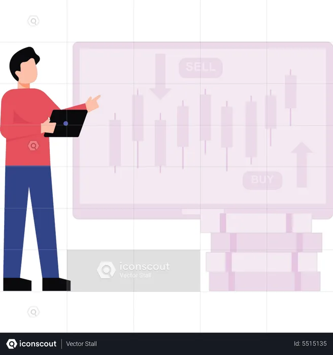 Boy looking up and down in stock market  Illustration