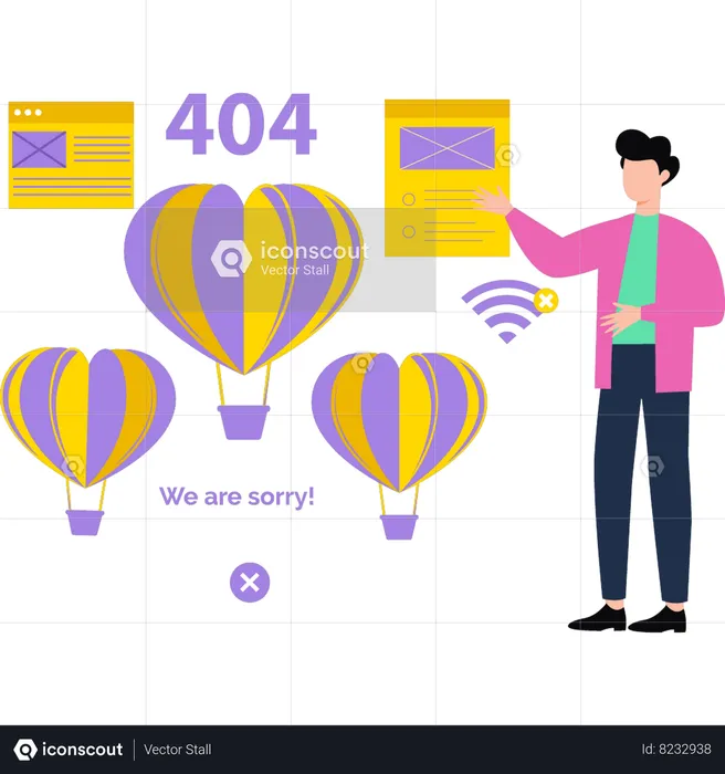 Boy looks at a 404 error parachute  Illustration