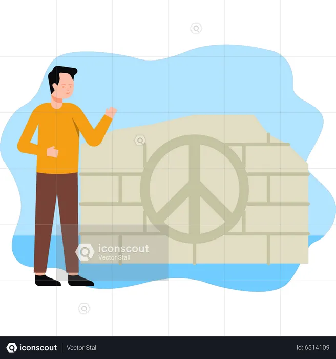 Boy looks at peace sign on wall  Illustration