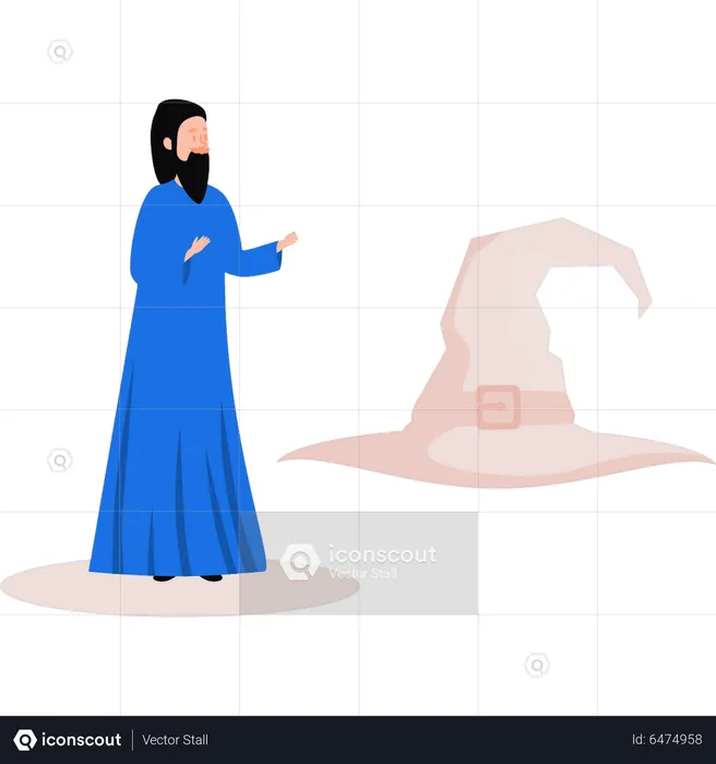 Boy looks at wizard hat  Illustration