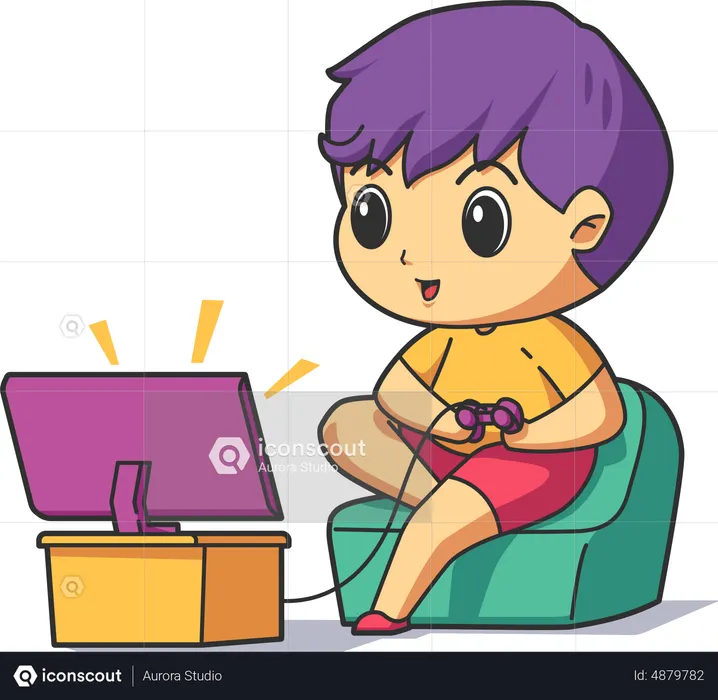 Boy love video game while sitting on couch  Illustration