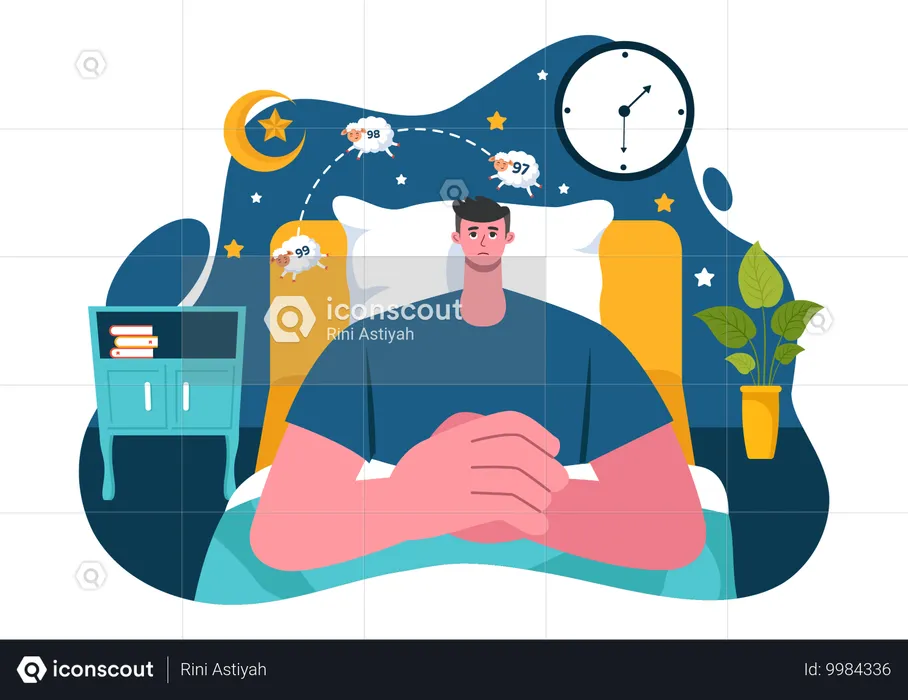 Boy lying awake and Thinking with Eyes Open at Night  Illustration