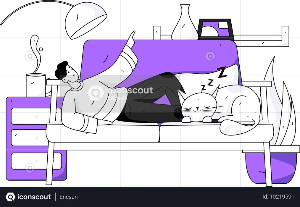 Boy lying on couch with sleeping cat  Illustration