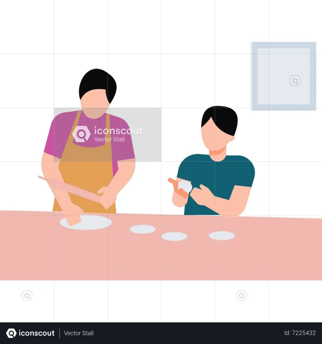 Boy making bread with mother  Illustration