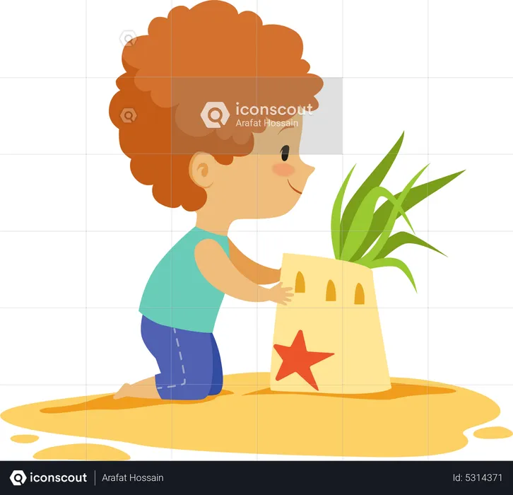 Boy making sand castle  Illustration