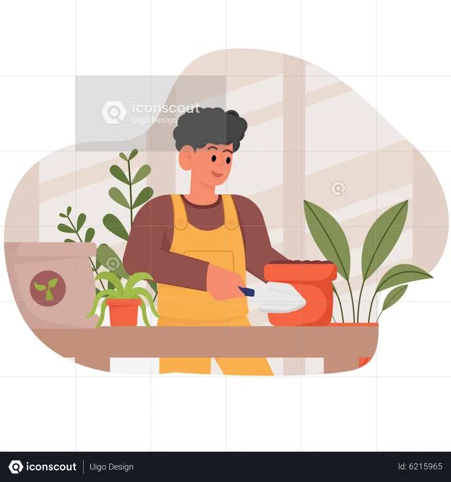 Boy mix fertilizer in pot  Illustration