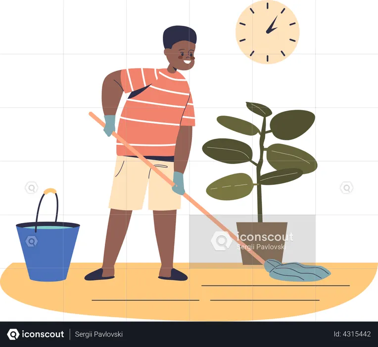 Boy mopping floor in living room  Illustration