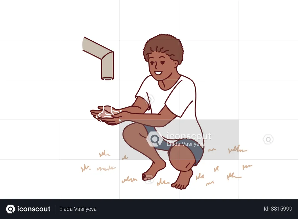 Boy needs drinking water from public water faucet  Illustration