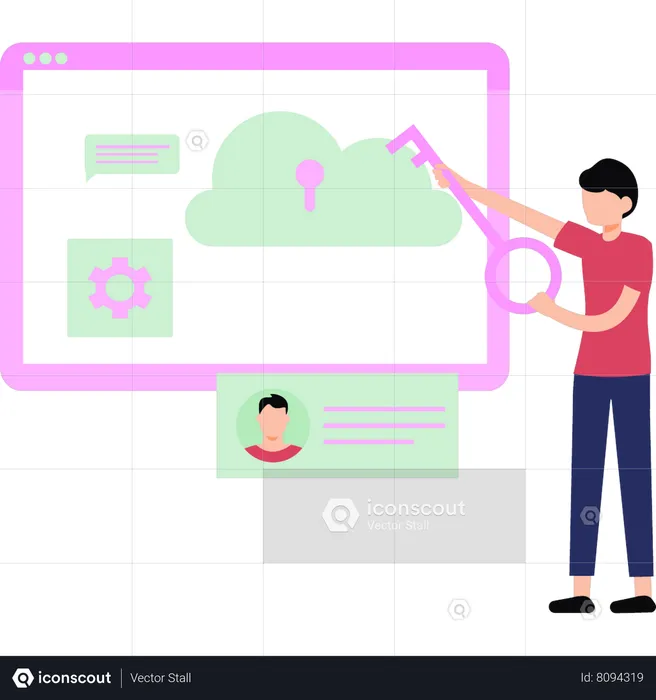 Boy opening cloud data  Illustration