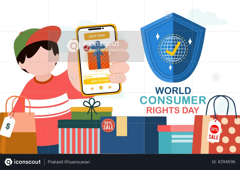 Boy order online using consumer rights  Illustration