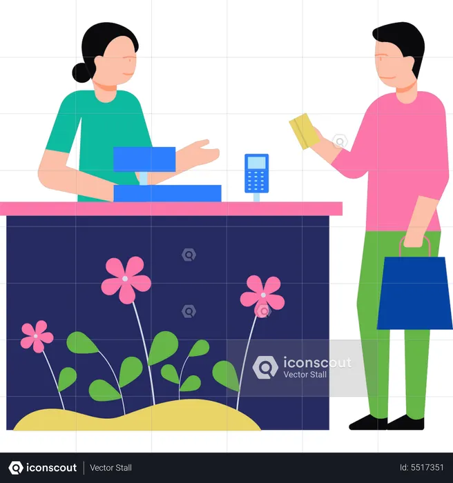 Boy paying by card at counter  Illustration