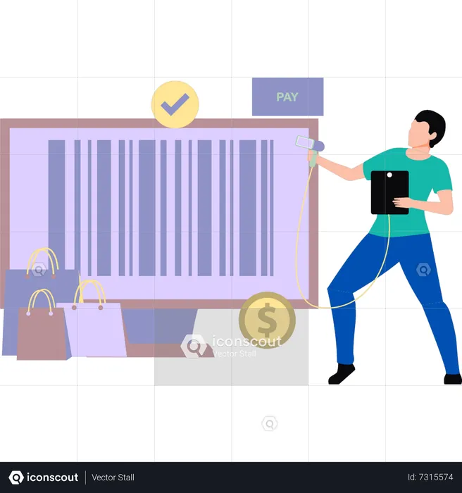 Boy paying shopping bill by barcode  Illustration