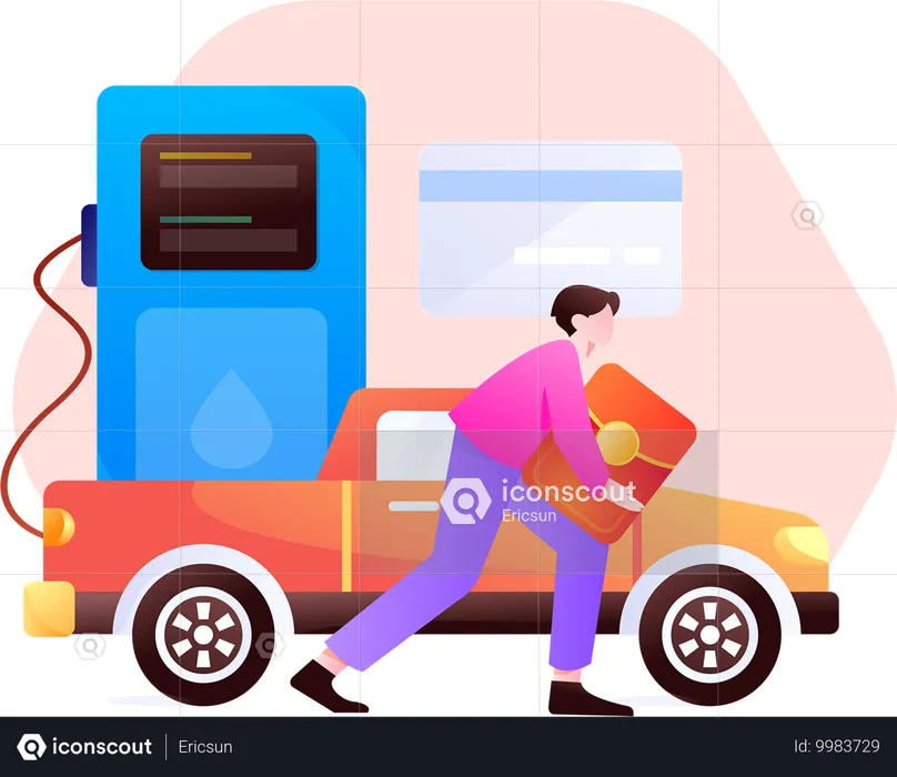 Boy pays at gas pump  Illustration