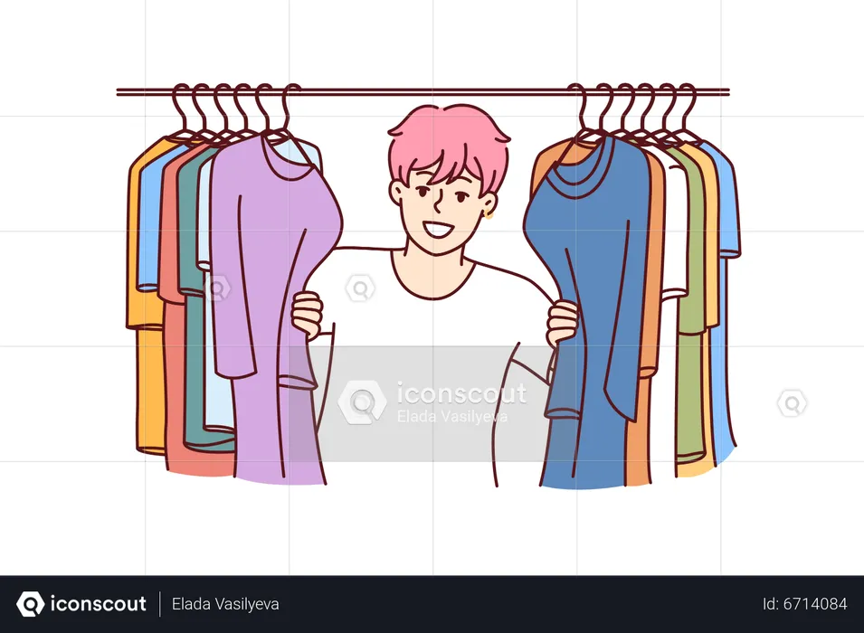 Boy peeking behind clothes  Illustration
