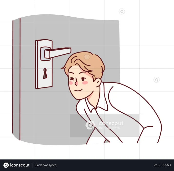 Boy peeking from door keyhole  Illustration