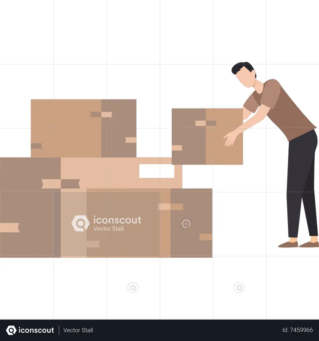 Boy placing cartons with others  Illustration