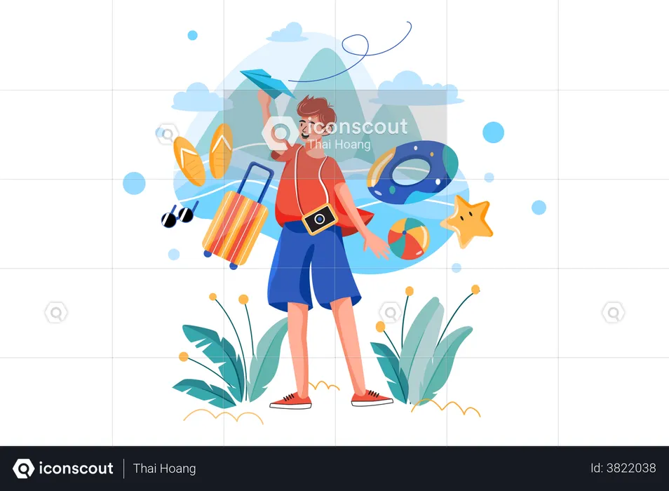 Boy planning for a vacation trip  Illustration