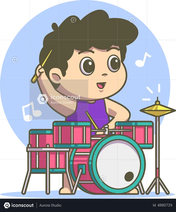 Boy playing drum in music band  Illustration