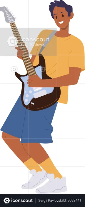 Boy playing electric bass guitar  Illustration