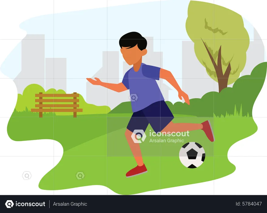 Boy playing football at park  Illustration