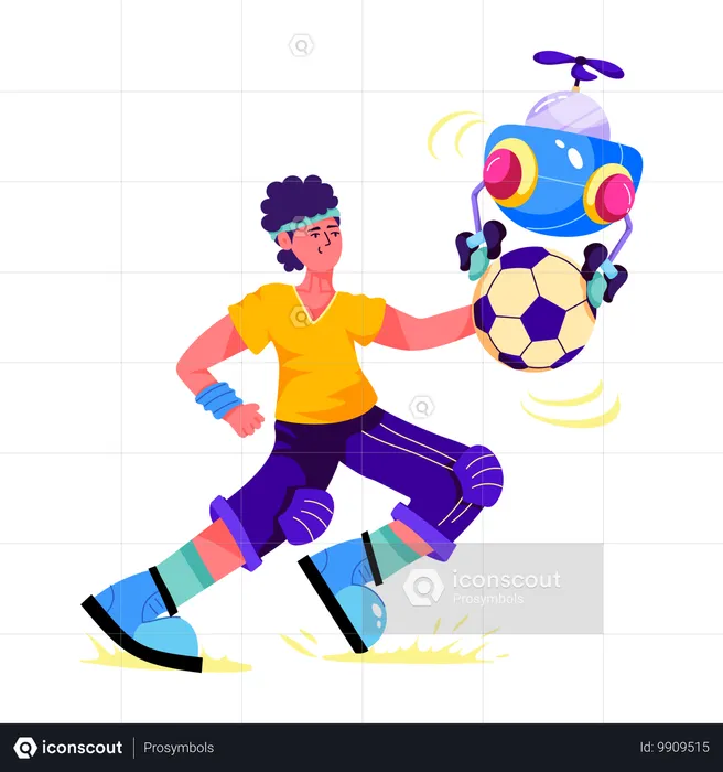 Boy playing football with robot  Illustration