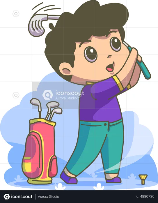 Boy playing golf using golf pin  Illustration
