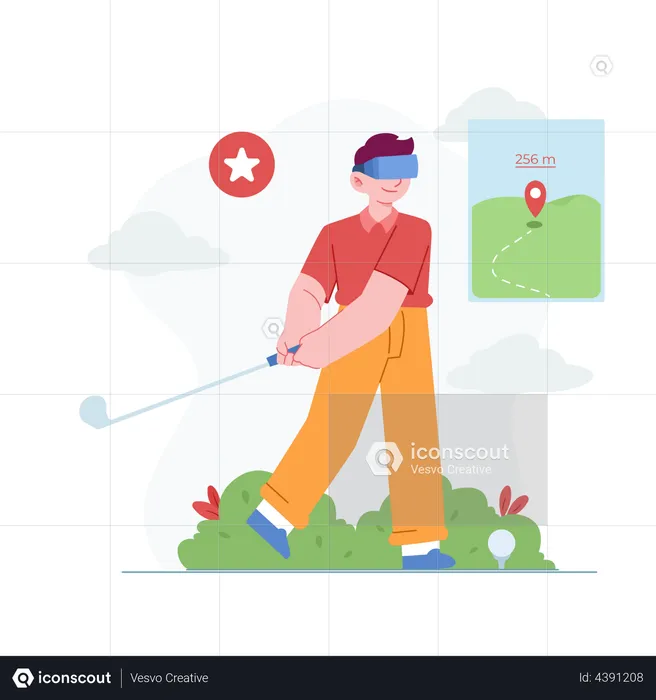Boy playing golf using VR Tech  Illustration