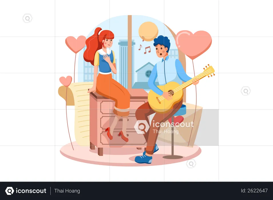 Boy playing guitar and singing a love song to his beautiful girlfriend on valentine day  Illustration