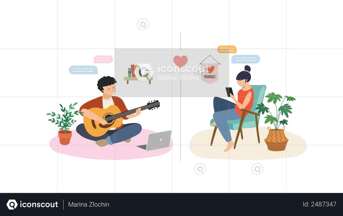 Boy playing guitar for his girlfriend on video call  Illustration