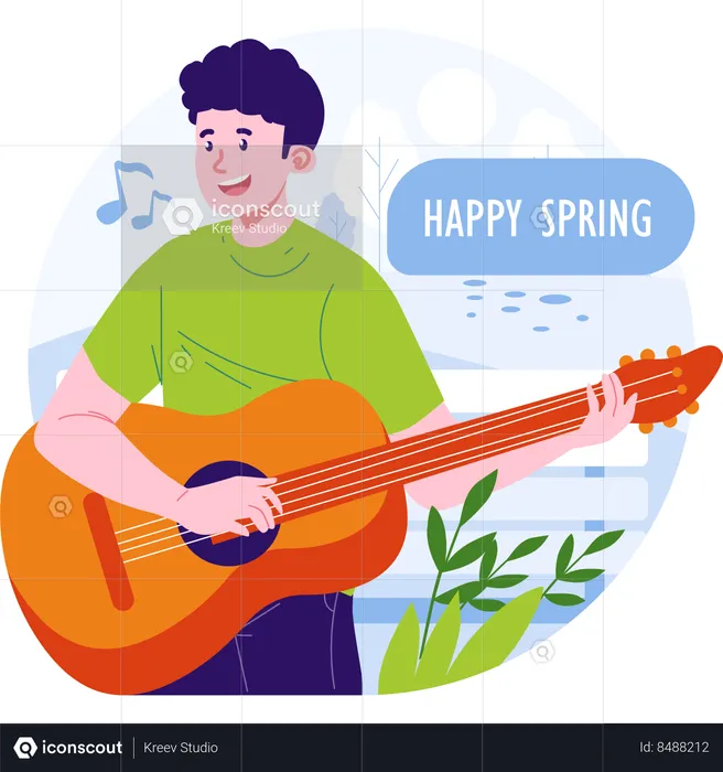 Boy playing guitar in spring in park  Illustration