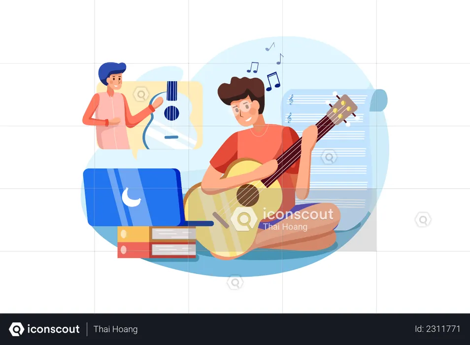 Boy playing guitar on online session with his friend  Illustration