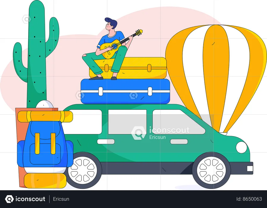 Boy playing guitar on vacation  Illustration