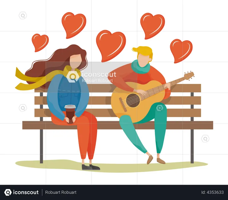 Boy playing guitar while sitting on park bench with girlfriend  Illustration