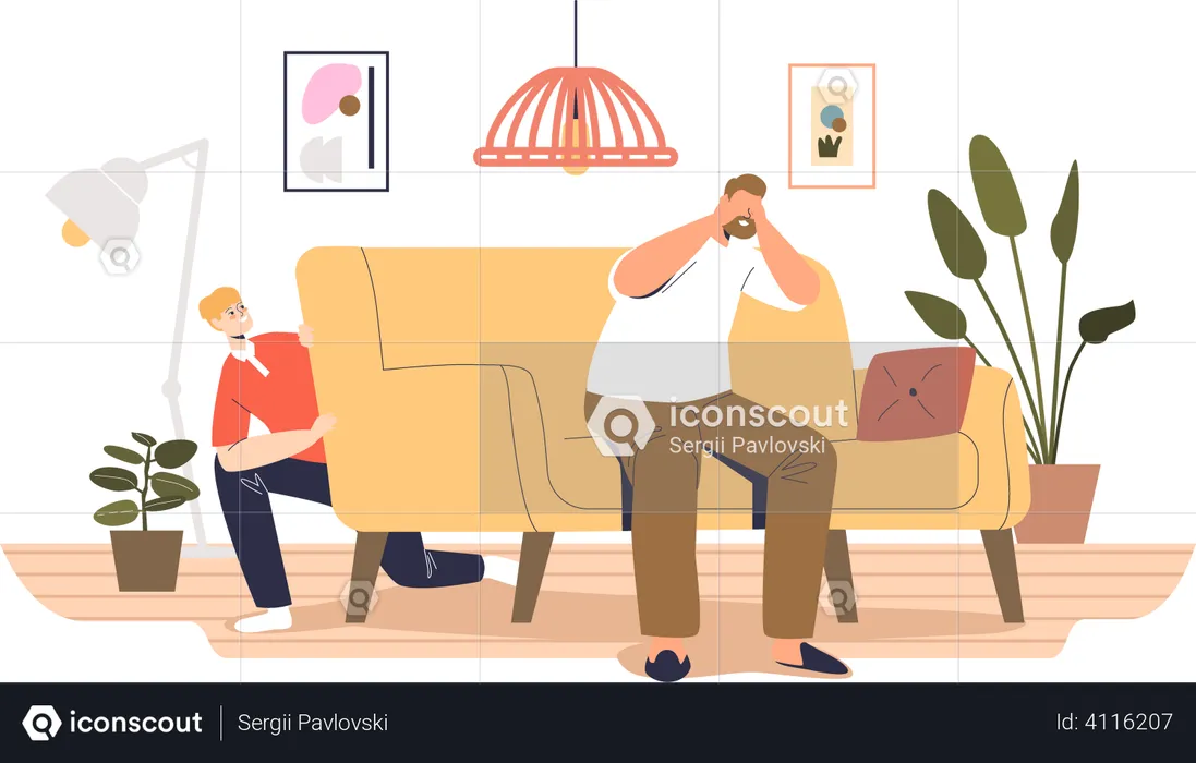 Boy playing hide and seek with father  Illustration