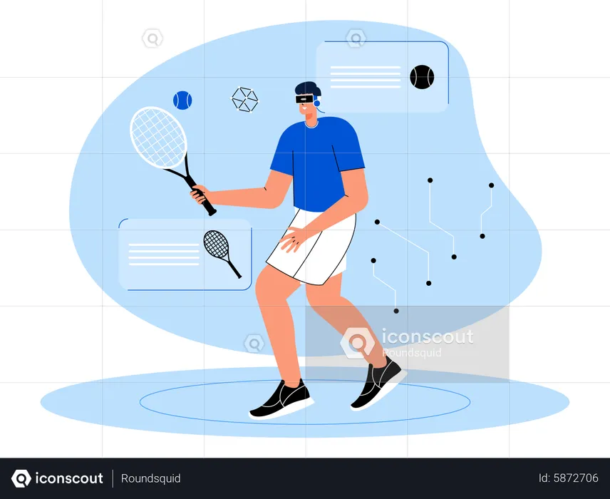 Boy playing tennis using metaverse tech  Illustration
