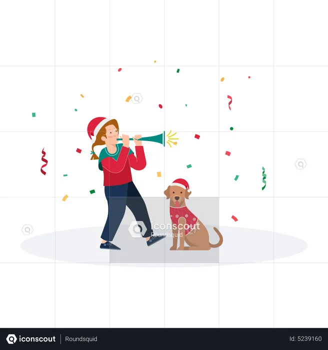 Boy playing trumpet at Christmas party  Illustration